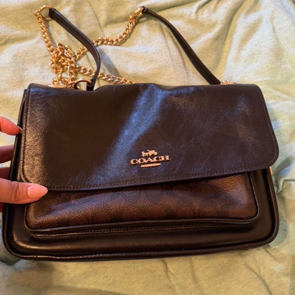 Coach Black and Brown Leather Shoulder Bag with Gold Chain